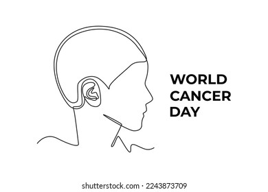 Single one line drawing cancer child showing hair loss or baldness. World cancer day concept. Continuous line draw design graphic vector illustration.