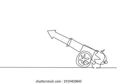 Dibujo de una sola línea de arma de balón de cañón con misil de bala con símbolo de flecha. Concepto mínimo de crecimiento de las finanzas empresariales. Ilustración de líneas continuas moderna de diseño gráfico vectorial