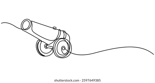 Single one line drawing of cannon ball weapon with arrow symbol bullet missile. Business finance growth minimal concept, Cannon one line drawing. Cannon continuous line. Army warfare equipment in  pro
