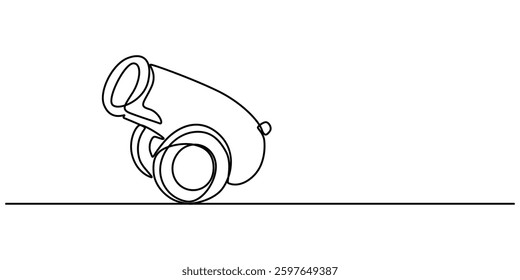 Single one line drawing of cannon ball weapon with arrow symbol bullet missile. Business finance growth minimal concept, Cannon one line drawing. Cannon continuous line. Army warfare equipment in  pro