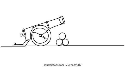 Single one line drawing of cannon ball weapon with arrow symbol bullet missile. Business finance growth minimal concept, Cannon one line drawing. Cannon continuous line. Army warfare equipment in  pro
