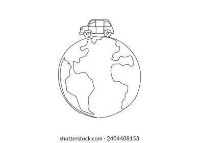 Eine einzige Linie, die Auto auf einem Globus zeichnet. Fahrzeuge enthalten Umweltverschmutzung. Verschmutzte Luft. Die Gesundheit ist gefährdet. Ungesund. Schützen Sie die Welt. Umweltpflege. Grafische Abbildung des Liniendesigns