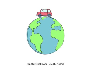 Single one line drawing car on a globe. Vehicles contain pollution. Polluted air. Health is compromised. Unhealthy. Protect the world. Environmental care. Continuous line design graphic illustration