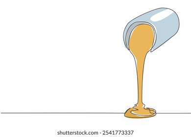 Uma única linha de desenho de caramelo líquido derramado de um frasco. Doce. Molho. Creme. Tão delicioso na boca. Ingredientes salgados. Saboroso. Dia Nacional do Caramelo. Ilustração gráfica de design de linha contínua