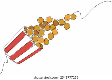 Single one line drawing caramel popcorn flying from a striped paper container. A snack metaphor that makes float. Munchies. National Caramel Popcorn Day. Continuous line design graphic illustration