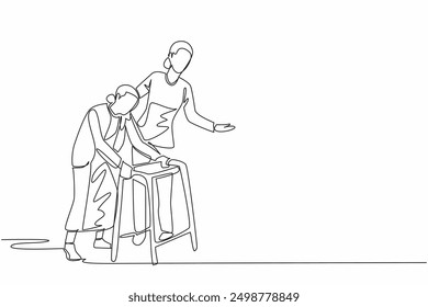 Single one line drawing caregiver guides an old grandmother who walks using a walker. Always highly dedicated to patient health. Caregiver Appreciation Day. Continuous line design graphic illustration
