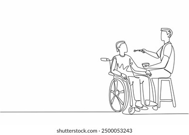 Single one line drawing caregiver sits and feeds with spoon an old grandfather sitting in a wheelchair. Providing the best care. Caregiver Appreciation Day. Continuous line design graphic illustration