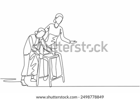 Single one line drawing caregiver guides an old grandmother who walks using a walker. Always highly dedicated to patient health. Caregiver Appreciation Day. Continuous line design graphic illustration