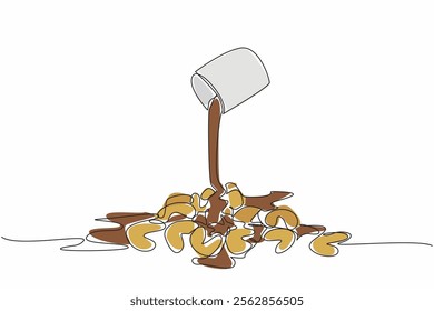 Single one line drawing cashew drizzled with chocolate sauce on top. Steps to make cashews more delicious. Tasty. National Chocolate Covered Cashews Day. Continuous line design graphic illustration