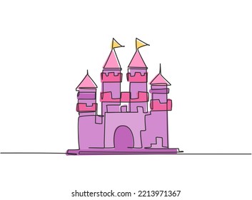 Single one line drawing of castle in an amusement park with four towers and two flags on it. A fort that contains an atmosphere in a fairy tale. Continuous line draw design graphic vector illustration