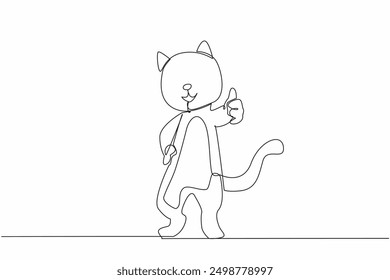 Single one line drawing the cat stands holding its waist and makes a thumbs up gesture. Ok sign. A fun day to celebrate. Cute pet cat behavior. So adorable. Continuous line design graphic illustration