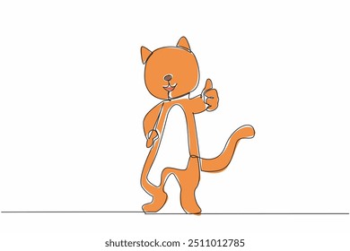 Single one line drawing the cat stands holding its waist and makes a thumbs up gesture. Ok sign. A fun day to celebrate. Cute pet cat behavior. So adorable. Continuous line design graphic illustration