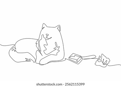 Single one line drawing cat lying down with fur and hairball. Regular maintenance prevents health problems. Blockage. National Hairball Awareness Day. Continuous line design graphic illustration