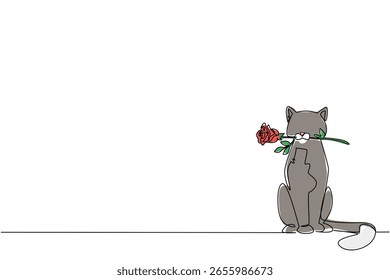Single one line drawing the cat carries flowers in its mouth. A cute and obedient cat. It symbolizes affection. Fragrant flowers. Present. Rose Festival. Continuous line design graphic illustration - Powered by Shutterstock - Get 15% off with code: PIKWIZARD15