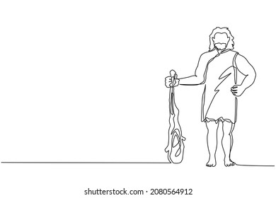 Single one line drawing caveman standing and holding big cudgel. Prehistoric bearded man dressed in animal pelt. Neanderthal hunter. Ancient homosapiens. Continuous line draw design graphic vector