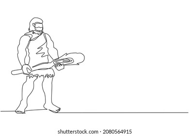 Single one line drawing caveman holding big wooden club or cudgel. Prehistoric bearded man dressed in animal pelt. Neanderthal hunter. Ancient homosapiens. Continuous line draw design graphic vector