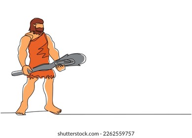 Single one line drawing caveman holding big wooden club or cudgel. Prehistoric bearded man dressed in animal pelt. Neanderthal hunter. Ancient homosapiens. Continuous line draw design graphic vector