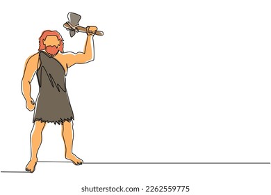 Hombre de la caverna de dibujo de una sola línea sosteniendo y elevando la cabeza del hacha de piedra. Cazador de hombres prehistórico. Un hombre antiguo está cazando animales para comer. Ilustración de líneas continuas moderna de diseño gráfico vectorial