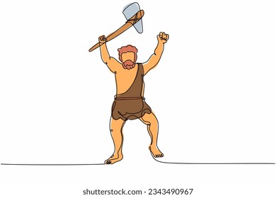Single one line drawing caveman holding and raised stone axe overhead. Prehistoric man hunter with weapon. Ancient man hunting animal for food. Continuous line draw design graphic vector illustration