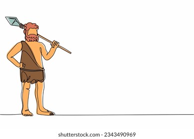 Single one line drawing caveman holding stone spear on shoulders. Primitive person hunt. Stone age hunter. Prehistoric man hunting with stone spear. Continuous line design graphic vector illustration