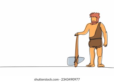 Hombre de una sola línea de dibujo de pie y sosteniendo un hacha de piedra. Hombre barbudo prehistórico vestido con perdigones. Cazador neandertal. Un humano antiguo. Ilustración vectorial de diseño de línea continua