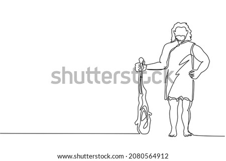Single one line drawing caveman standing and holding big cudgel. Prehistoric bearded man dressed in animal pelt. Neanderthal hunter. Ancient homosapiens. Continuous line draw design graphic vector