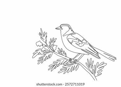 Single one line drawing chaffinch bird perched on a tree branch with leaves and flowers. Birds symbol of happiness. Songbird. International Dawn Chorus Day. Continuous line design graphic illustration