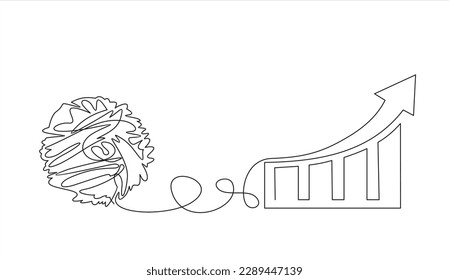 Single one line drawing of Chaos and increasing up arrows bar graph, abstract minimalist concept vector illustration. Metaphor of disorganized difficult problem found solution