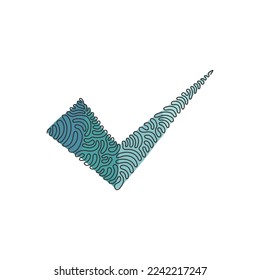 Single one line drawing check icon silhouette. Approved test correct right element concept design. One sketch doodle outline. Swirl curl style. Modern continuous line draw graphic vector illustration
