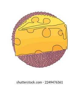 Logo simple de gradiente de cheddar de dibujo de una línea con taladros de forma triangular realista. Apetitoso para el desayuno. Estilo de fondo del círculo de redondeo giratorio. Diseño gráfico de dibujo de línea continua moderno