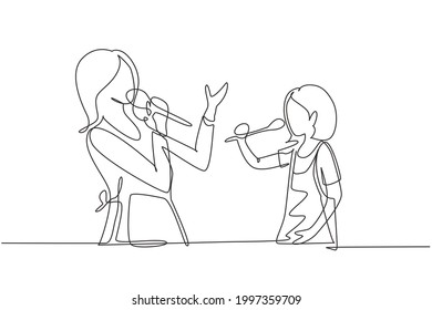 Single One Line Drawing Cheerful Mom And Her Little Daughter Singing While Cooking Together, Using Spatula And Broccoli As Microphones. Modern Continuous Line Draw Design Graphic Vector Illustration