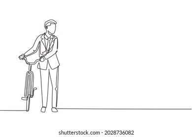 Single one line drawing cheerful young boy wearing suit with bicycles. Happy guy take walk with bicycle at city road. Healthy lifestyle concept. Continuous line draw design graphic vector illustration