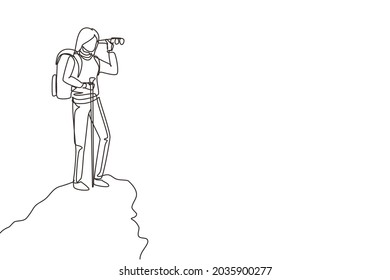 Single one line drawing cheerful traveler woman with a big backpack stands on the mountain and looks at the binocular. Standing on top. Modern continuous line draw design graphic vector illustration