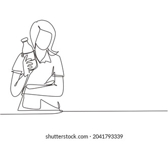 Single one line drawing cheerful woman holds bottle of fresh almond milk shows healthy vegetarian product smiles happily. Food nutrition. Modern continuous line draw design graphic vector illustration