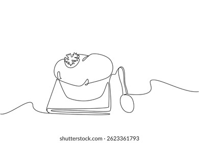 Single one line drawing a cheese souffle with celery in a bowl on a cloth and spoon. A snack with a full cheese flavor. Tasty. National Cheese Souffle Day. Continuous line design graphic illustration
