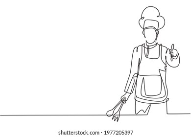 Single one line drawing of the chef with thumbs-up gestures and uniforms is ready to cook meals for guests at famous restaurants. Modern continuous line draw design graphic vector illustration.