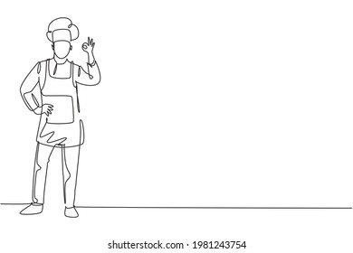 Single one line drawing chef stands with gesture okay and wear cooking uniform prepares ingredients to cook the best dishes. Success job. Modern continuous line draw design graphic vector illustration