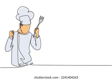 Single one line drawing chef with celebrate gesture, holding fork and wearing cooking uniforms is ready to cook meals for guests at restaurants. Continuous line draw design graphic vector illustration