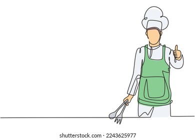 Single one line drawing of the chef with thumbs-up gestures and uniforms is ready to cook meals for guests at famous restaurants. Modern continuous line draw design graphic vector illustration.