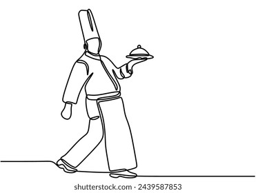 Single one line drawing chef serving delicious cuisine on restaurant