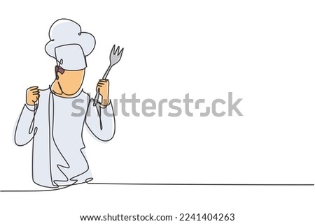 Single one line drawing chef with celebrate gesture, holding fork and wearing cooking uniforms is ready to cook meals for guests at restaurants. Continuous line draw design graphic vector illustration