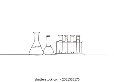Single one line drawing chemical research laboratory equipment  Chemistry laboratory glassware  Graduated lab test tube  beaker  flask  Modern continuous line draw design graphic vector illustration