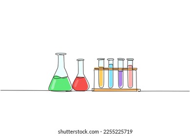 Laborgeräte für die chemische Forschung mit einer einzigen Linie. Chemische Laborgläser. Prüfrohr, Becherglas, Messkolben. Modern-Stetig-Liniendesign, Vektorgrafik
