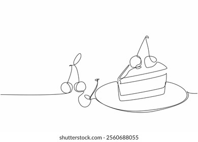 Single one line drawing cherry cheesecake slices with cherry topping on small plate. A piece of extraordinary deliciousness. National Cherry Cheesecake Day. Continuous line design graphic illustration