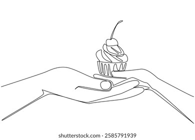 Single one line drawing cherry topping cupcake for the dear brother. Siblings who look after and love each other. National Give Someone a Cupcake Day. Continuous line design graphic illustration