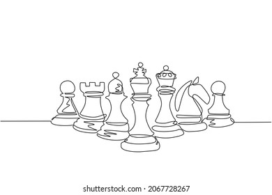 Single continuous line drawing chess pieces silhouette icon set