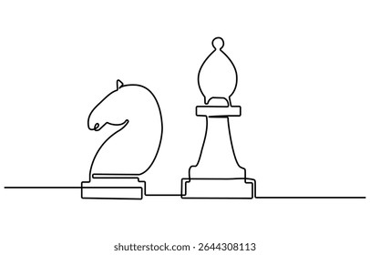 Single one line drawing chess pieces aligned, luxury hand drawn or engraving. King, Queen, Bishop, Knight, Rook, Pawn. Leader success concept. Continuous line draw design graphic vector illustration