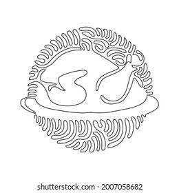 Single one line drawing chicken roasted on platter. Fried poultry sign. Food for gala dinner or thanksgiving. Swirl curl circle background style. Continuous line design graphic vector illustration