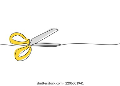 Single one line drawing of child plastic scissor. Craft tool. Back to school minimalist, education concept. Continuous simple line draw style design graphic vector illustration