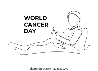 Single one line drawing Childhood Cancer Day with little girl holding ribbon. World cancer day concept. Continuous line draw design graphic vector illustration.